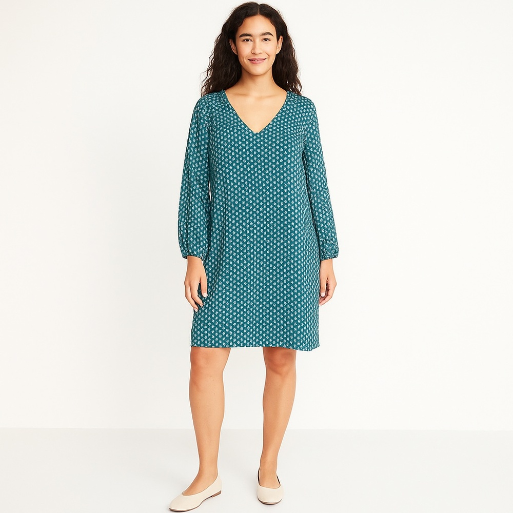 Old Navy Teal Floral Shift Dress Long Sleeve V-Neck Women’s Medium